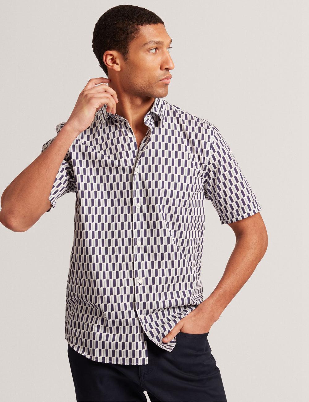 Men Ted Baker PEARSOS - Geo Print Short Sleeve Cotton Casual Shirts Navy | Australia  03497-CYAS
