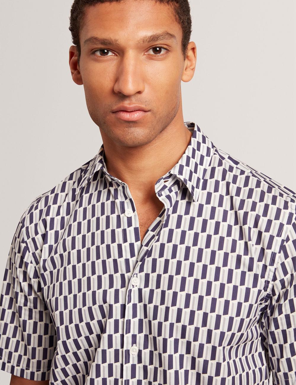 Men Ted Baker PEARSOS - Geo Print Short Sleeve Cotton Casual Shirts Navy | Australia  03497-CYAS