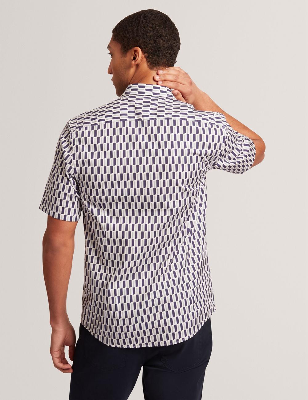 Men Ted Baker PEARSOS - Geo Print Short Sleeve Cotton Casual Shirts Navy | Australia  03497-CYAS