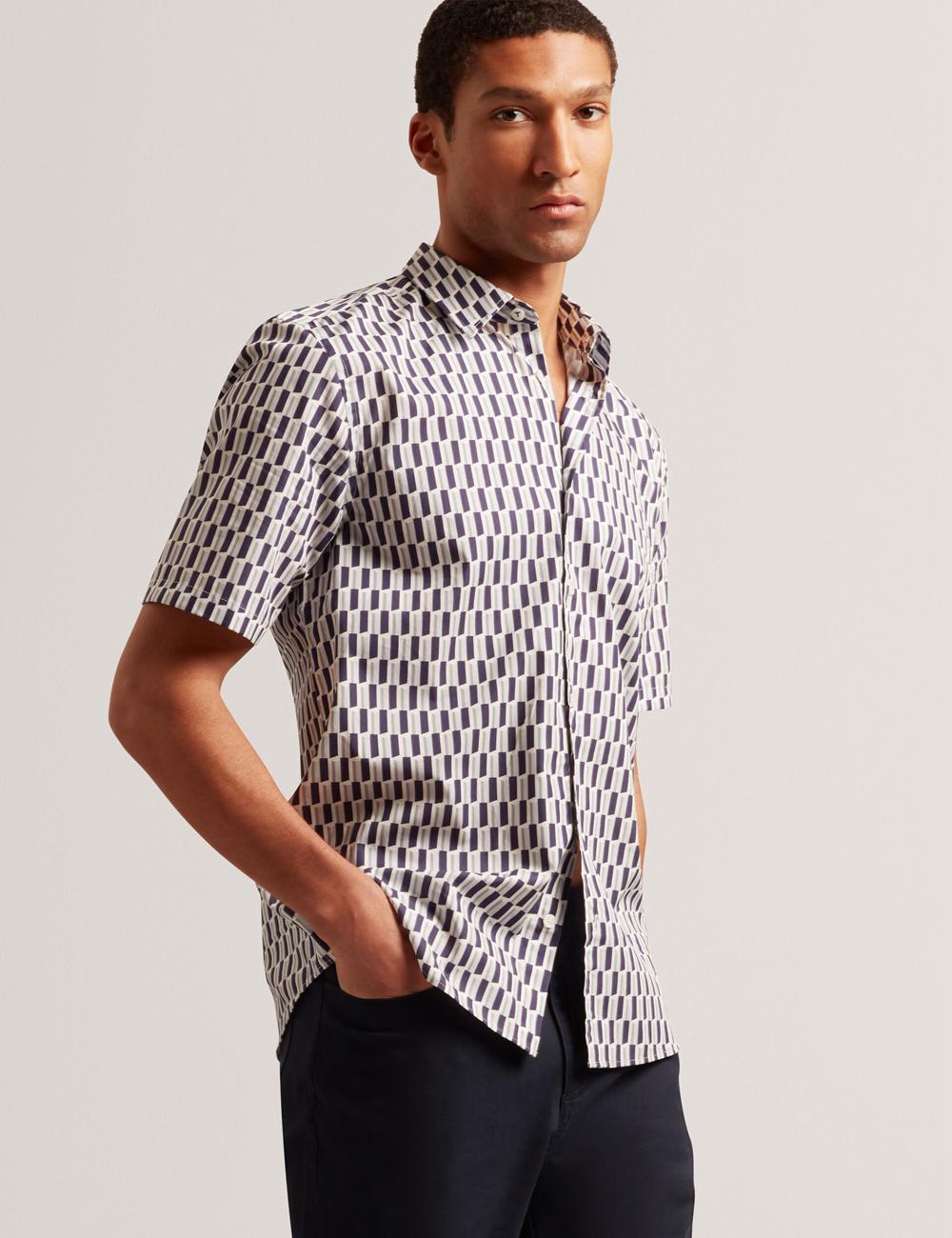 Men Ted Baker PEARSOS - Geo Print Short Sleeve Cotton Casual Shirts Navy | Australia  03497-CYAS
