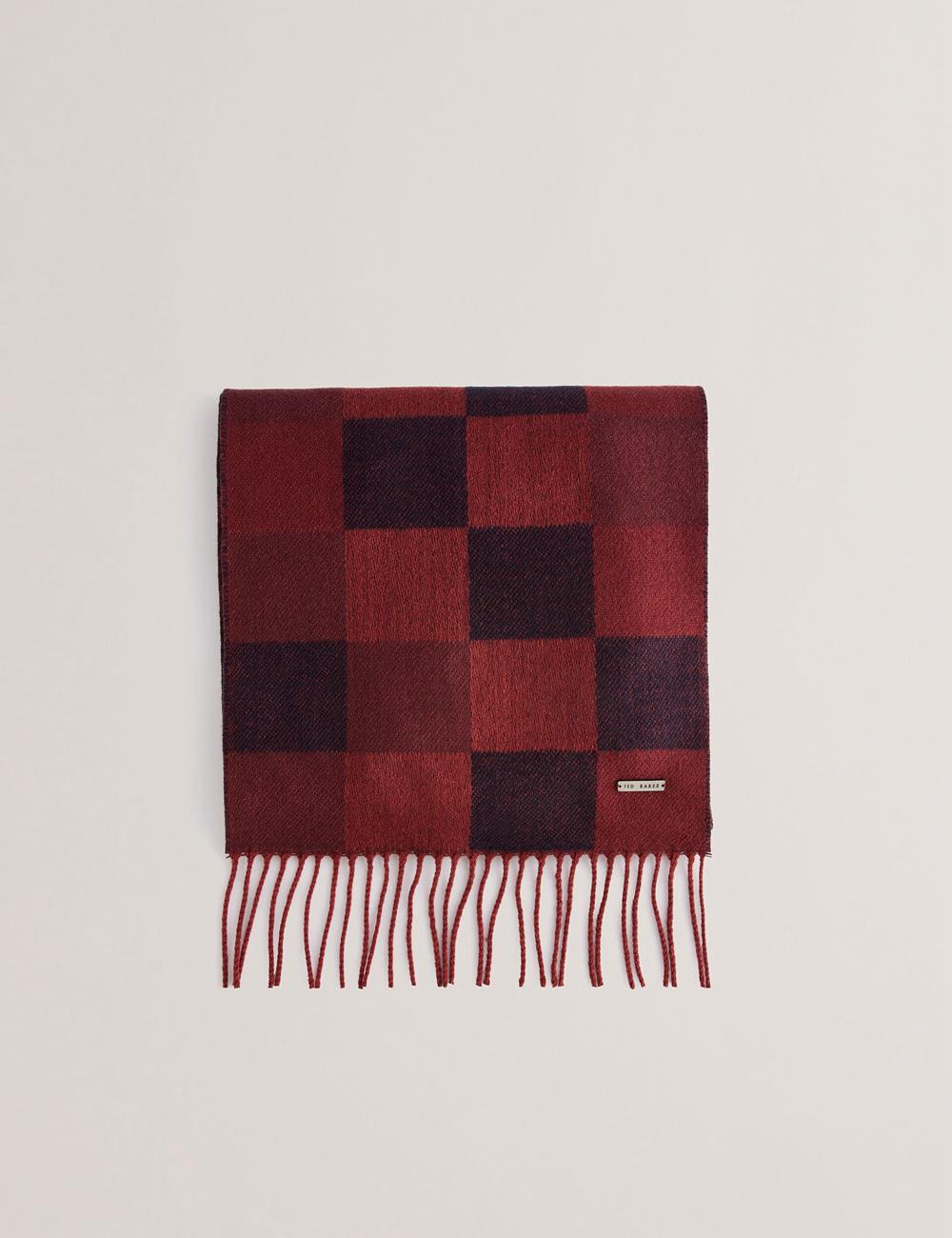 Men Ted Baker PETERRR - Block Check With Fringe Trim Woven Scarves Oxblood | Australia  74305-GLMF