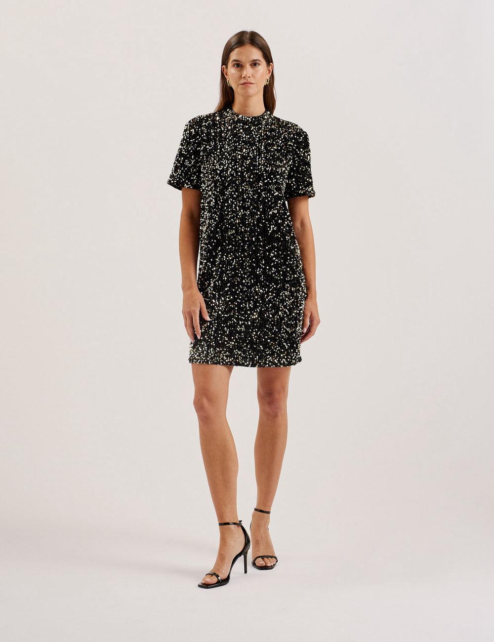 Women Ted Baker AUDRIYY - Sequin Embellished Velvet Shift Mini Dresses Black | Australia  36905-XFBK