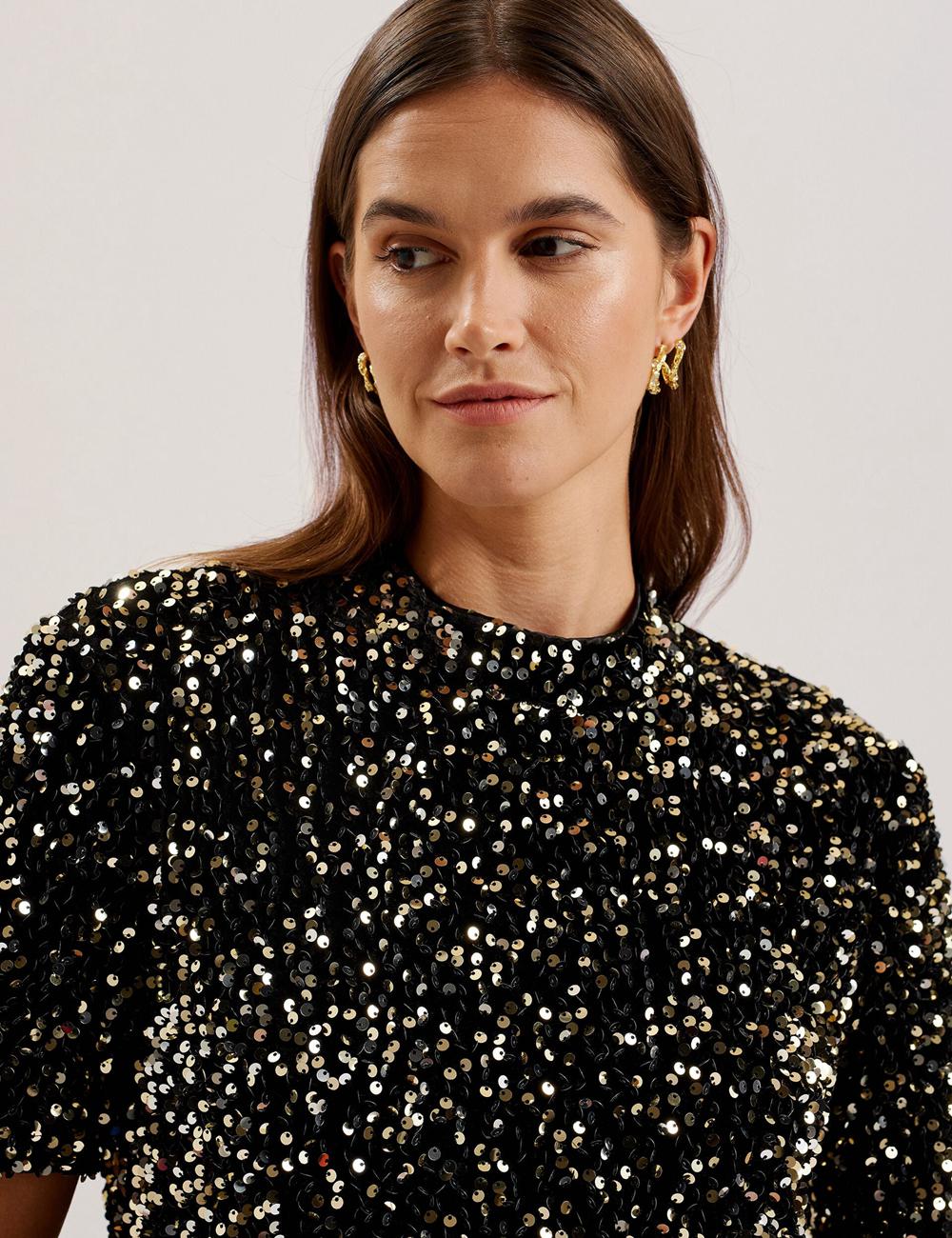 Women Ted Baker AUDRIYY - Sequin Embellished Velvet Shift Mini Dresses Black | Australia  36905-XFBK