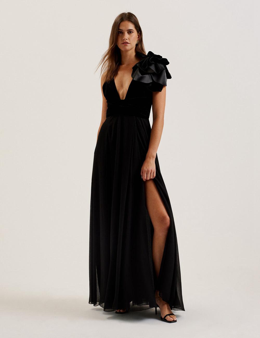 Women Ted Baker BEIRA - Corsage Plunge Neck Sleeveless Maxi Dresses Black | Australia  92478-HGPV