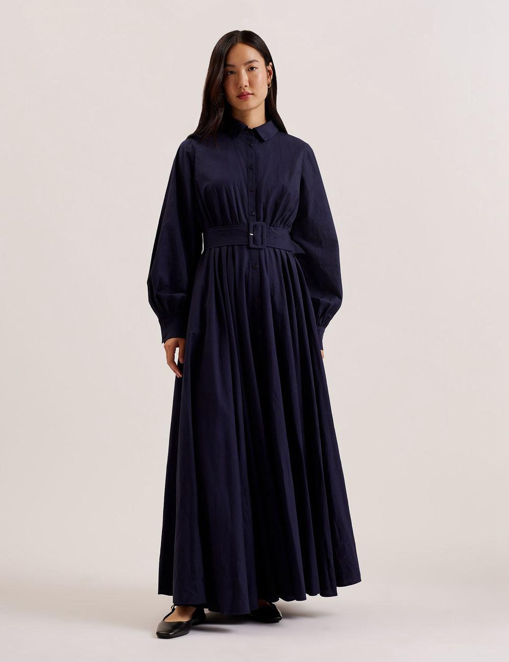 Women Ted Baker ENE - Cotton Maxi Shirt Dress With Belt Maxi Dresses Navy | Australia  14327-NMLV