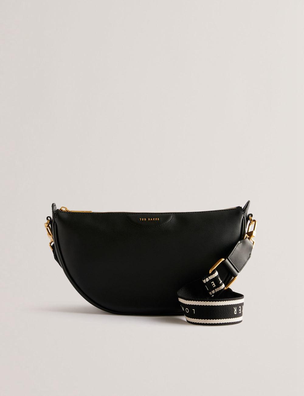 Women Ted Baker ESSINA - Webbing Half Moon Leather Crossbody Bags Black | Australia  64153-ZMVQ