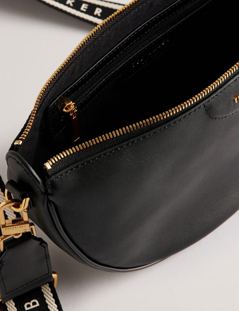 Women Ted Baker ESSINA - Webbing Half Moon Leather Crossbody Bags Black | Australia  64153-ZMVQ