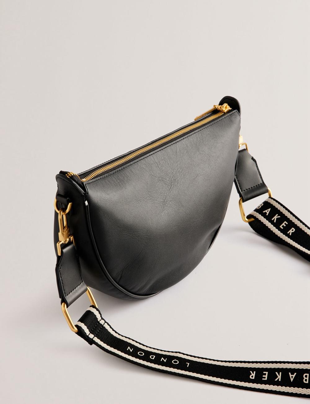 Women Ted Baker ESSINA - Webbing Half Moon Leather Crossbody Bags Black | Australia  64153-ZMVQ