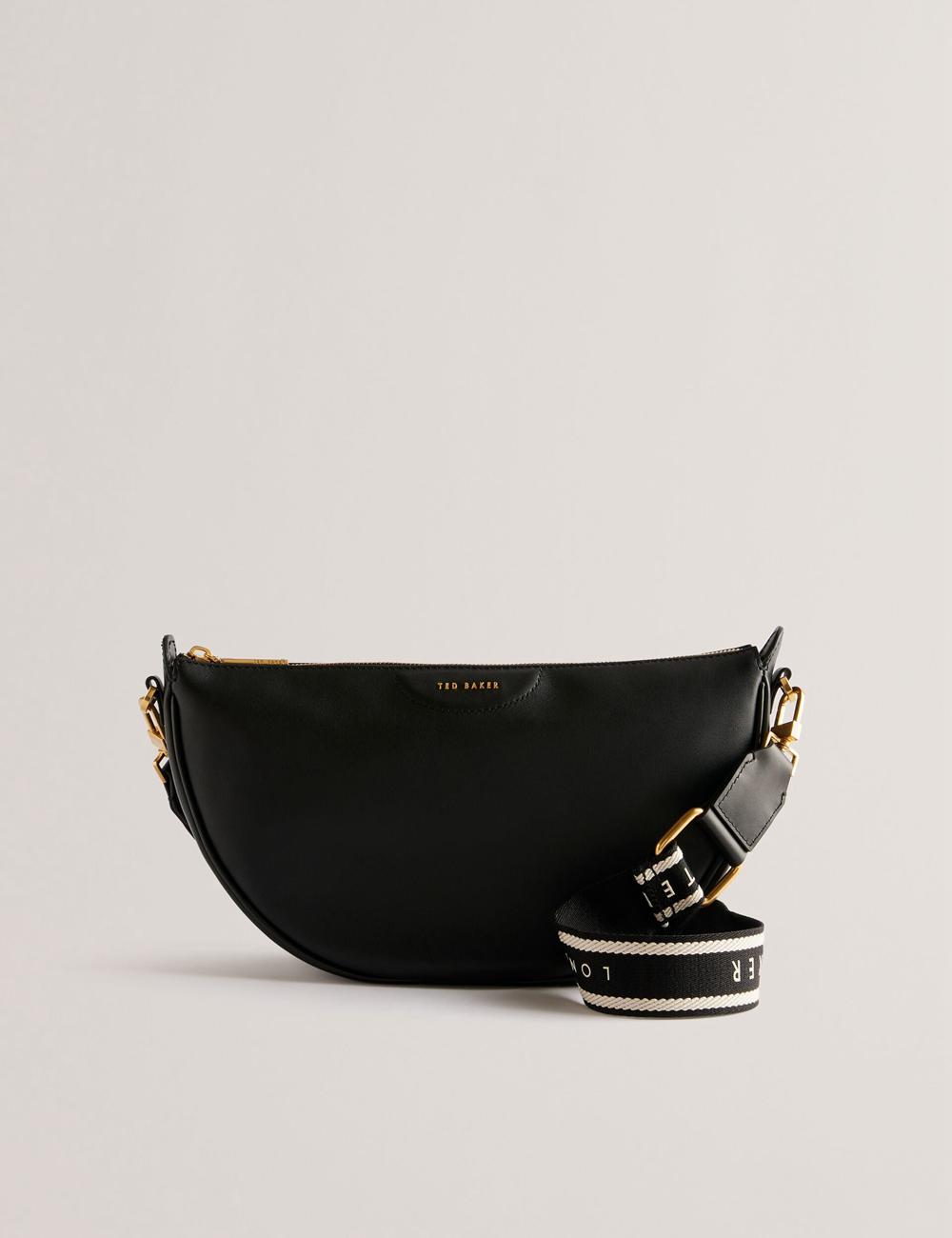 Women Ted Baker ESSINA - Webbing Half Moon Leather Crossbody Bags Black | Australia  64153-ZMVQ
