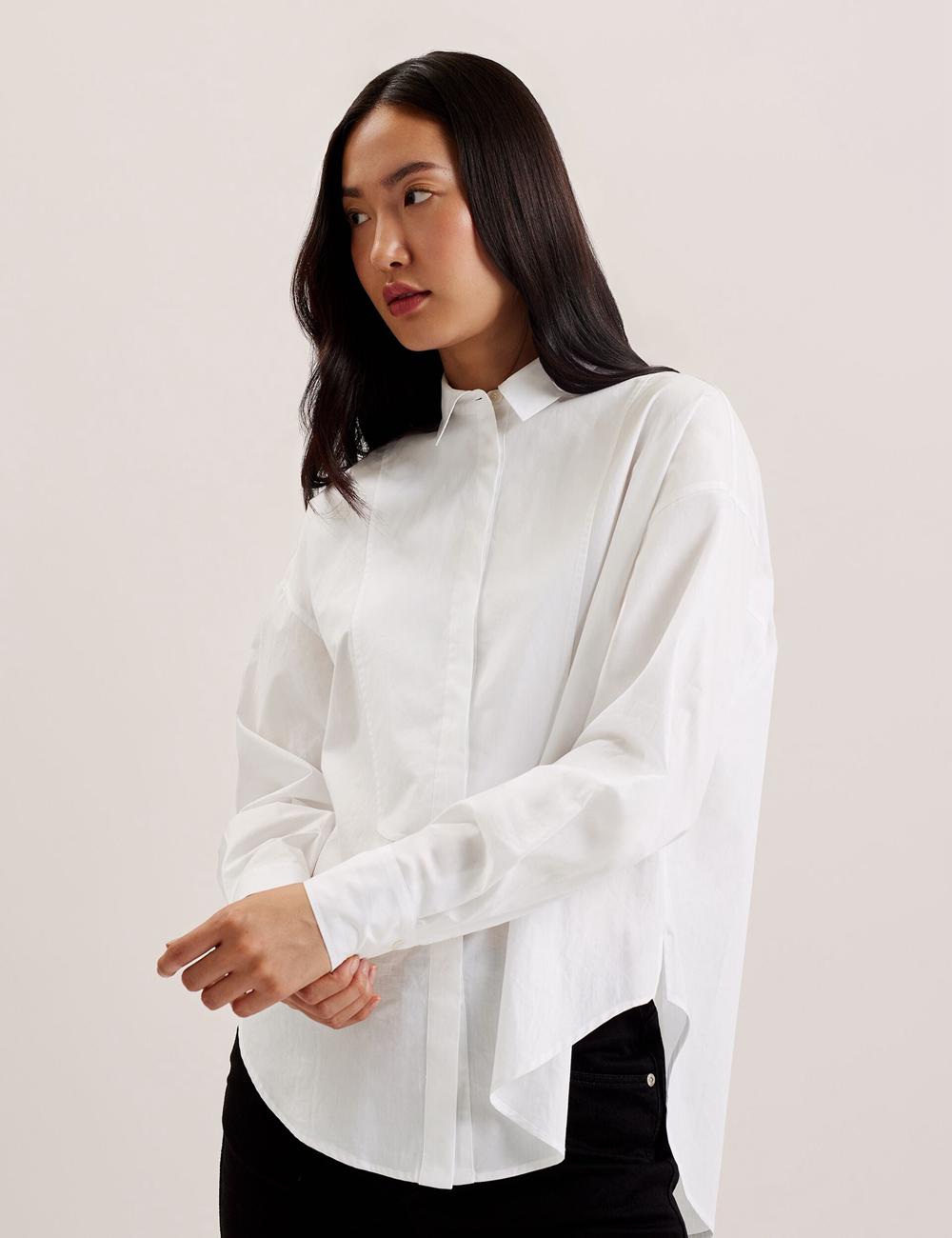 Women Ted Baker IZOTE - Oversized Drop Shoulder Bib Detail Casual Shirts White | Australia  31425-AVWB