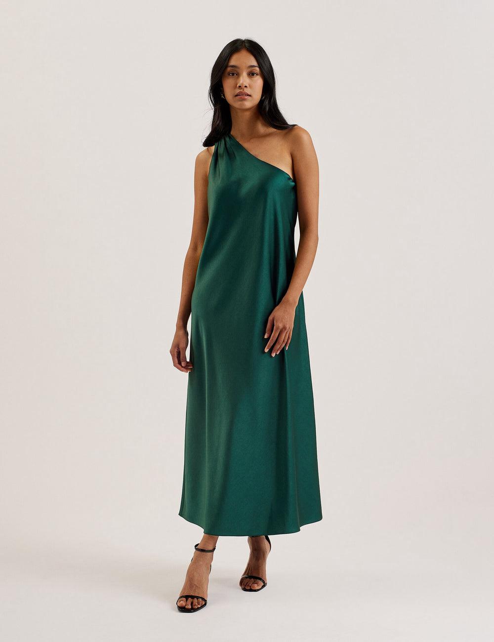 Women Ted Baker MELGAR - Satin One Shoulder Midi Dresses Dk-Green | Australia  17385-VXNY