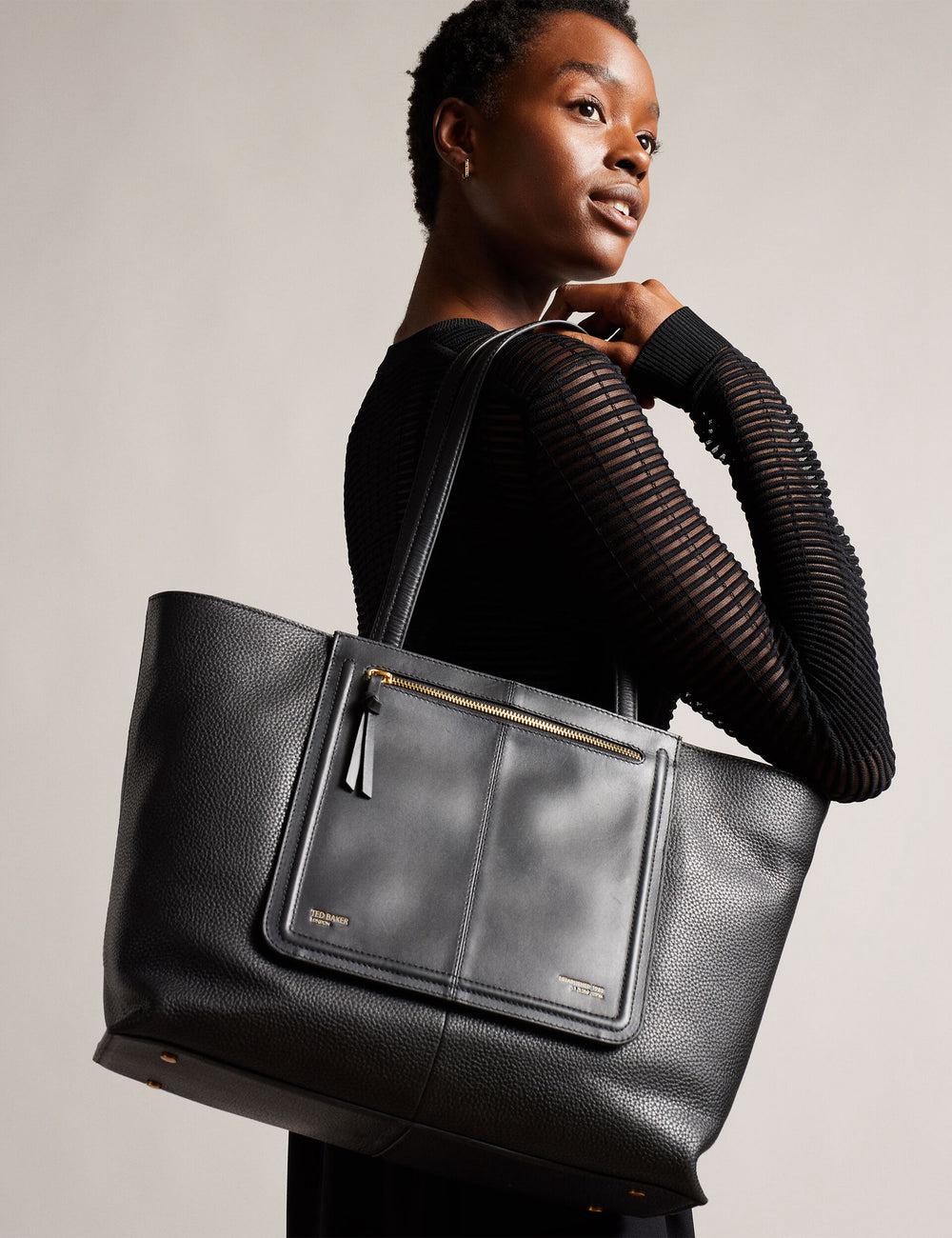 Women Ted Baker NISH - Wide Leather Shopper With Zip Pocket Shopper Bags Black | Australia  91076-KISR