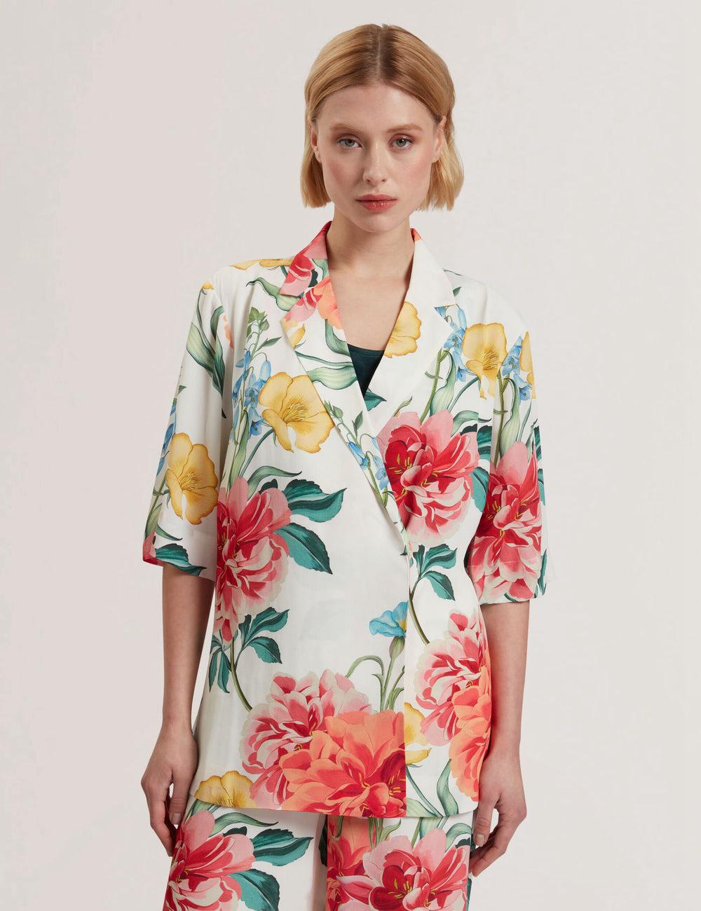 Women Ted Baker NYMPHA - Floral Short Sleeve Oversized Blazers White | Australia  48512-MASD