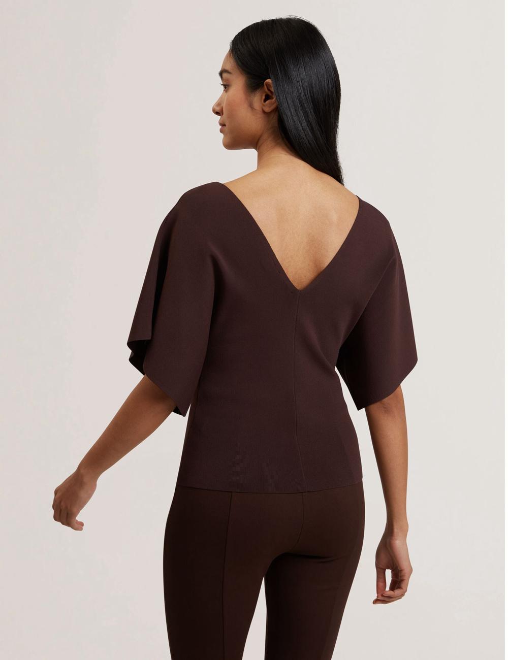 Women Ted Baker REGINAH - Wide Short Sleeve V-Neck Knitted Tops Dk-Brown | Australia  32786-XTRD