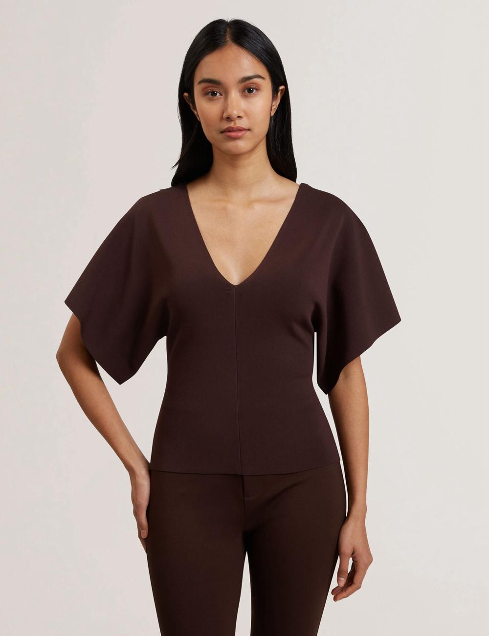 Women Ted Baker REGINAH - Wide Short Sleeve V-Neck Knitted Tops Dk-Brown | Australia  32786-XTRD