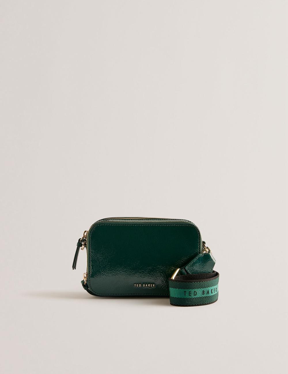 Women Ted Baker STUNWA - Patent Leather Webbing Camera Camera Bag Mid-Green | Australia  63490-MELS